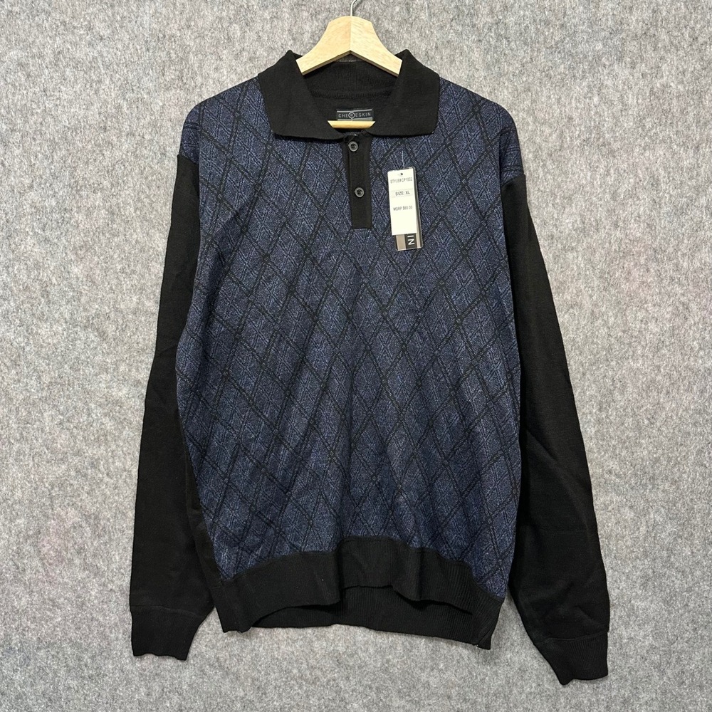 NEW CHERESKIN‎ Mens XL Black Blue Argyle Knit Polo Sweater Long Sleeve